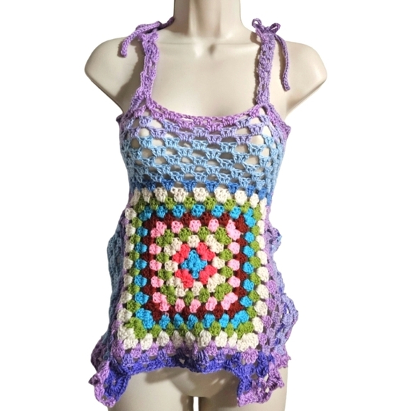 Hand Crafted crop top crochet halter granny square purple festival Rave small - Picture 3 of 17